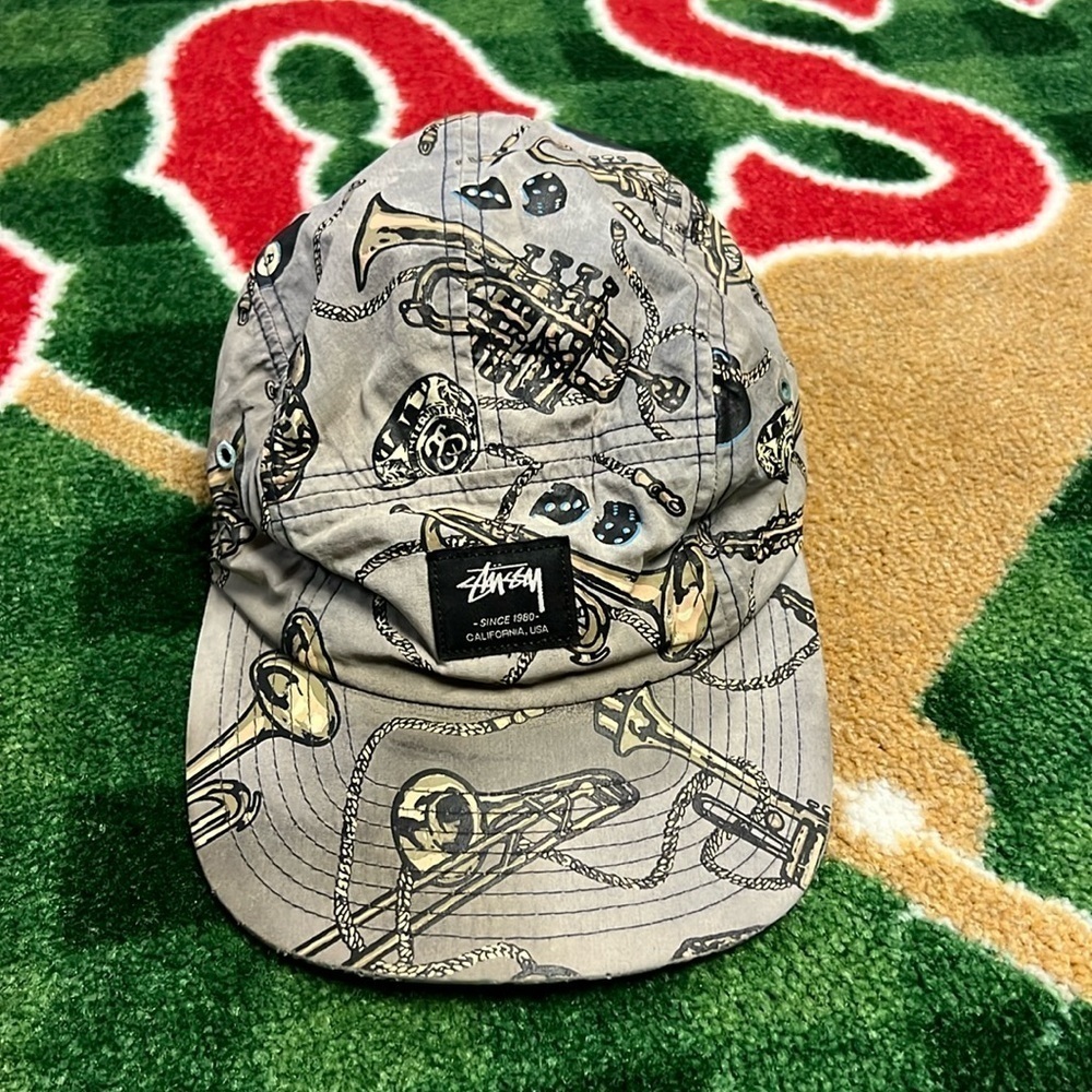 Stussy 8-Ball Trumpet Horns All Over Print 5-Panel Gray Hat Dice Music Saxaphone